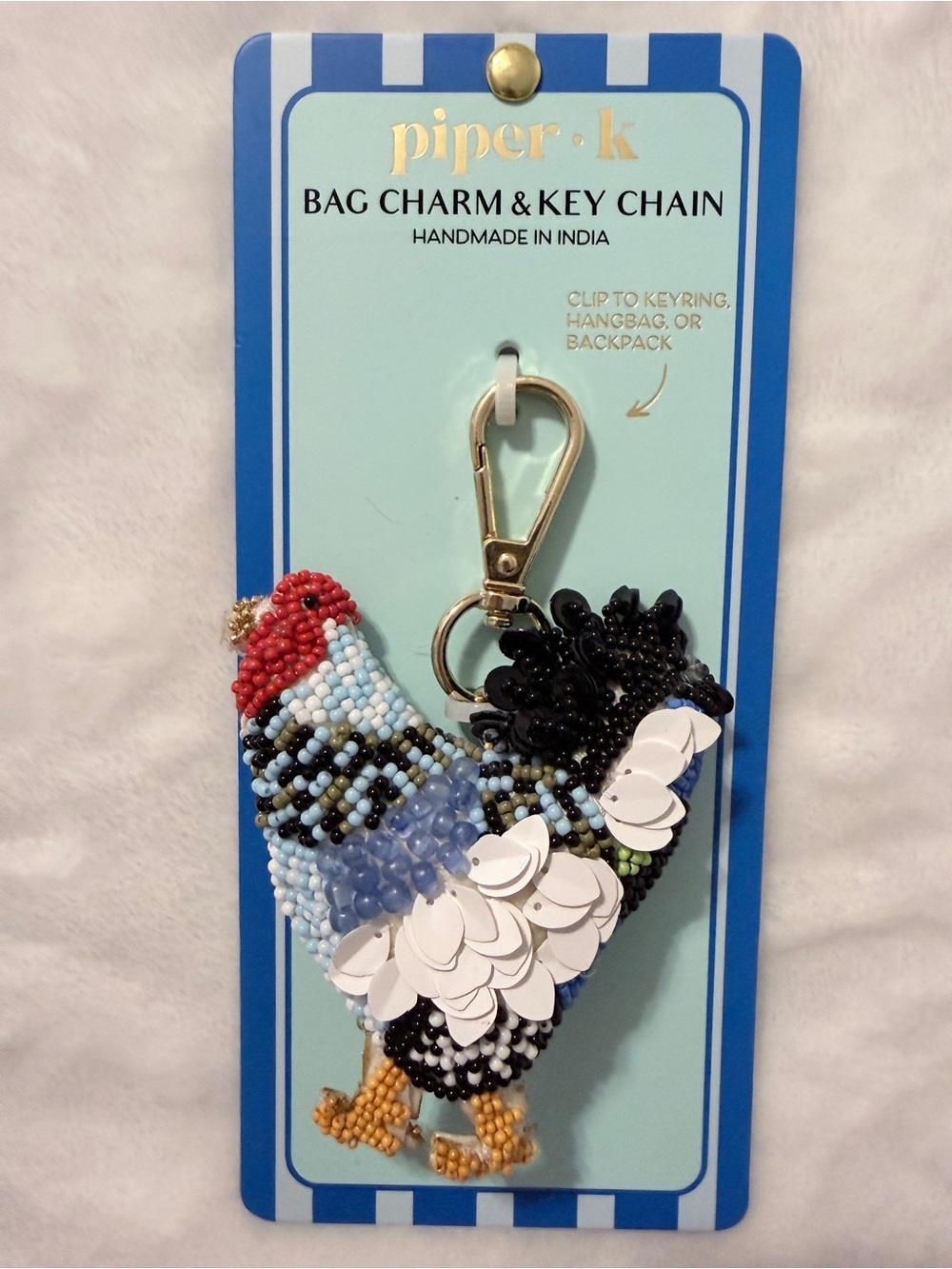 Piper K Beaded Rooster Chicken Bag Charm & Key Chain